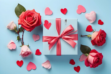 Romantic setup of rose flowers, a gift box with ribbon and paper hearts on a pastel blue background