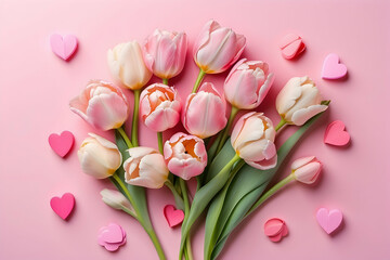 Spring and affection theme with a bouquet of tulips surrounded by heart shapes on a pink surface