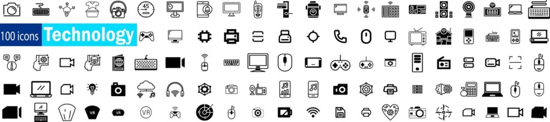 Technology icon set. 100 Information Technology icons isolated on white background. network...