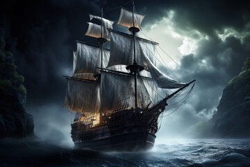 Majestic Sailing Ship Braving Stormy Seas at Night