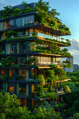Fototapeta premium Twilight Serenity at Eco-Friendly Urban Residential Building, Generative AI
