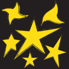 Grunge charcoal scrawl hand drawn stars, rough doodle shapes. Freehand crayon pencil starry elements. Vector illustration, scribble icon for poster, collage, banner.