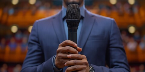 A young man speaking in front of an audience with a microphone in his hand - obrazy, fototapety, plakaty