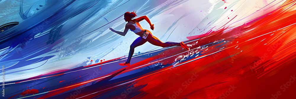 Poster Concept design for the 2024 Olympics in Paris, France. Elite female athlete in a race, running and sprinting towards the finish line.