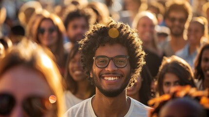 Smiling face in a crowd, eyelevel, connection and belonging, bright, joyful expression , clean sharp focus - obrazy, fototapety, plakaty