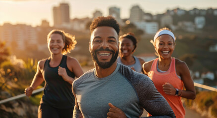 A group of friends smiling and running together in the city, wearing athletic wear for fitness. - Powered by Adobe
