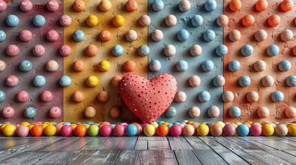   A red heart atop a wooden floor Nearby, a wall of colorful balls Both elements rest on separate wooden floors - obrazy, fototapety, plakaty