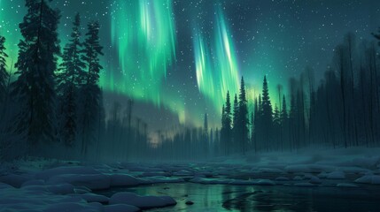 Vibrant Aurora Borealis dancing above snowy landscape and tranquil river in winter night