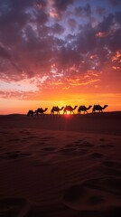 Fototapeta na wymiar Silhouette of a caravan of camels crossing a serene desert at sunset, under a fiery sky.