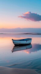 Solitary boat on a tranquil beach at dawn, pastel skies reflecting off calm waters.