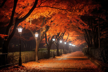 Enchanting Autumn Alley with Golden Foliage and Street Lamps