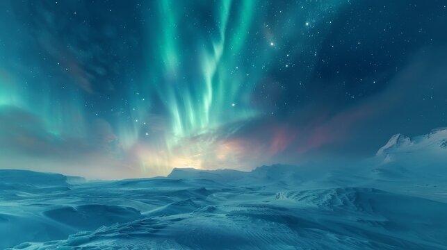 Aurora Borealis illuminating the arctic sky over a frosty and silent snowscape