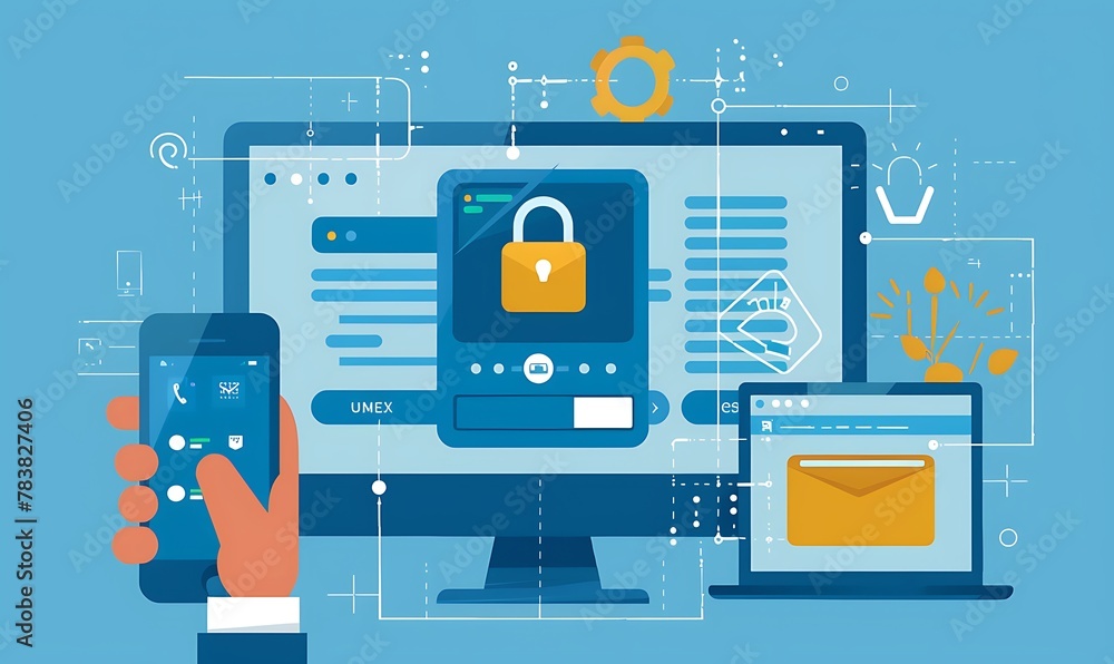 Poster Illustration Seamless 2FA Login Process, User inputs credentials on computer, receives and enters verification code on mobile for secure login