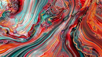 A vibrant, mesmerizing abstract artwork with swirling, psychedelic patterns in a range of vivid colors, including red, orange, turquoise, and purple.