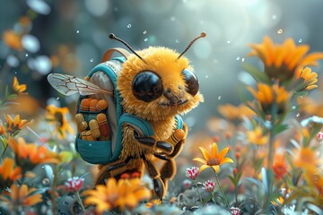 A charming cartoon bee with a backpack full of vitamins flits around a vibrant garden, symbolizing the role of vitamins in boosting immunity - obrazy, fototapety, plakaty