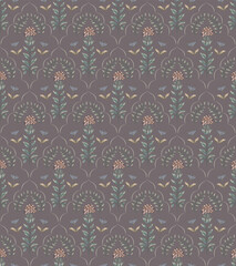 Seamless vector botanical pattern. Damask diamond design. Flowers, branches, leaves. Boho style.