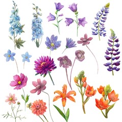 Watercolor set with blue, purple, orange flowers.
