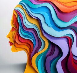 woman head, paper illustration, multi dimensional colorful paper cut craft  - 783827677