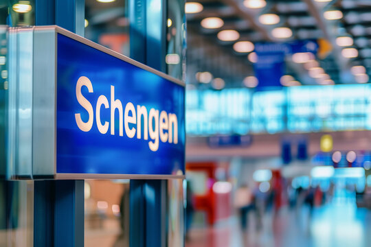 Close-Up of Schengen Area Sign in Airport with Bokeh Background