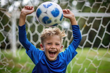 A young boy in a blue soccer jersey is celebrating a goal with the ball over his head on a green...