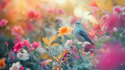 Flock of birds gathering nectar from vibrant blooms, detailed feathers, softfocus background , high resolution - obrazy, fototapety, plakaty