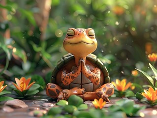 A cartoon turtle exuding calm during a yoga pose, embodying the essence of mindfulness and the art of living slowly