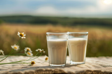 Two Glasses of Milk on Rustic Table in Sunny Countryside, Healthy Lifestyle