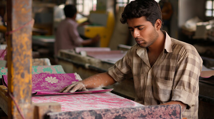 Young Skilled Man Working in Textile Printing Factory, India, Block Printing Expertise