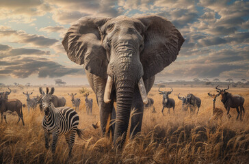An elephant is surrounded by zebras and antelope in the Serengeti National Park, emerges from its majestic barbaric against an expansive savannah backdrop - obrazy, fototapety, plakaty