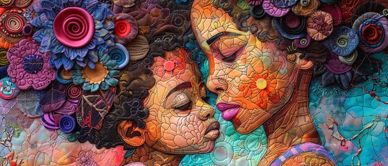pretty African American woman and daughter Whimsical Felt art patchwork, stipple art image