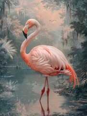 victorian setting, landscape with flamingo in a lake in the style of light pink and white feathers