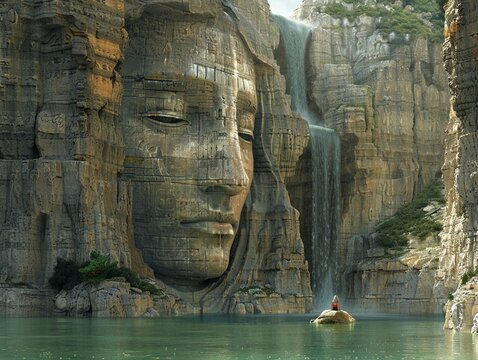 The image depicts a surreal scene with a natural feel of a giant stone female face carved into a cliff Water is flowing from the stone faces 