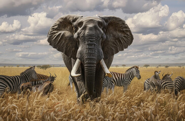 Fototapeta premium An elephant is surrounded by zebras and antelope in the Serengeti National Park, emerges from its majestic barbaric against an expansive savannah backdrop
