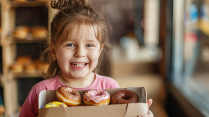 National Donut Day concept. Joyous young girl holding a box of colorful donuts, her expression capturing the pure happiness of a sweet treat.