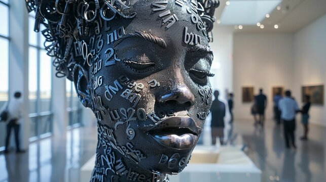 A high definition image of a hollow sculpture outline made of lead alphabet letters of a modern day black woman 