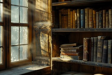 Obraz premium knowledge transcending through generations with a photograph of an old library. Focus on a weathered bookshelf filled with books of various sizes and colors