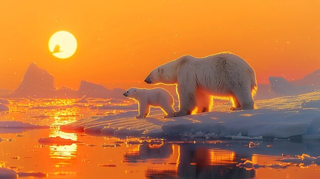 A polar bear and her cubs on the edge of an ice floe, with the Arctic sun on the horizon