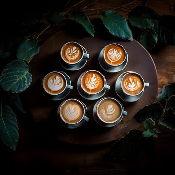 Cups with delicious coffee and latte art on a dark table, top view. Year 2025 color, Mocha Mouse