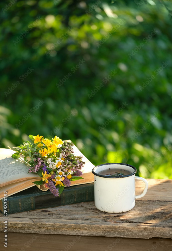 Wall mural enamel mug with herbal tea, fresh useful flowers and herbs, books on wooden table in garden, natural