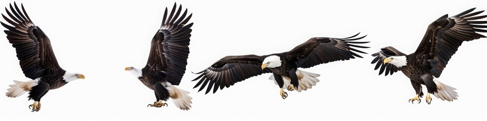 Set of four images of a bald eagle in different poses, flying and standing on a white background