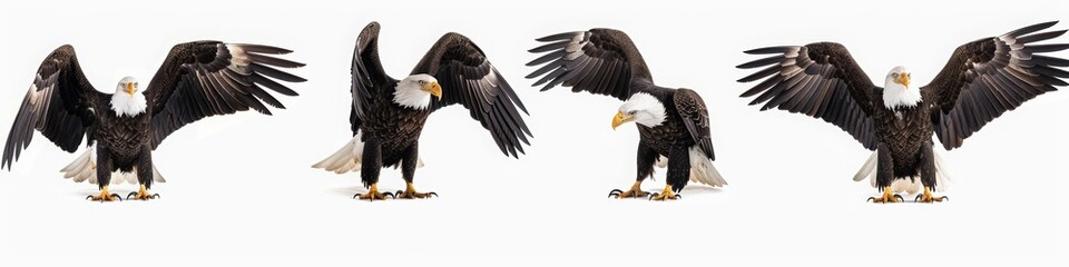 Set of four images of a bald eagle in different poses, flying and standing on a white background