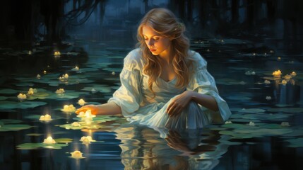 A beautiful ethereal woman kneels in a pond surrounded by lily pads and glowing flowers.
