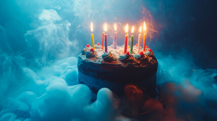 A cake with candles on it is lit up in a smokey atmosphere - obrazy, fototapety, plakaty