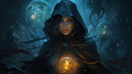 A dark fantasy sorceress with glowing blue eyes and a glowing orb in her hand. - obrazy, fototapety, plakaty