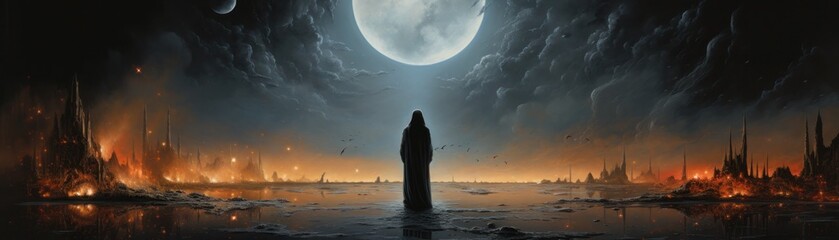 A dark figure standing in a ruined city. The figure is wearing a long cloak and a hood. The city is in ruins and there is a large moon in the sky. - obrazy, fototapety, plakaty