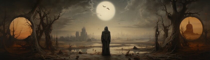 A dark figure standing in a ruined city. The sky is dark and there is a full moon. The figure is wearing a cloak and is looking at the ruined city.
