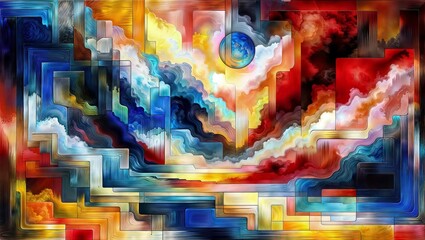 Colorful Abstract Sky: Clouds, Blue Moon, and Maze-like Structure