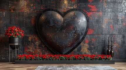   A heart-shaped mirror sits against a wall, adjacent to a red-flowered planter