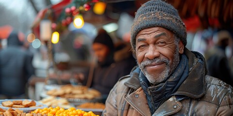 A cheerful senior black seller, with wrinkled features, smiles at a market stall. - obrazy, fototapety, plakaty