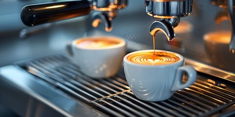 An espresso machine brews aromatic coffee, creating a perfect cup of caffeine goodness. - obrazy, fototapety, plakaty